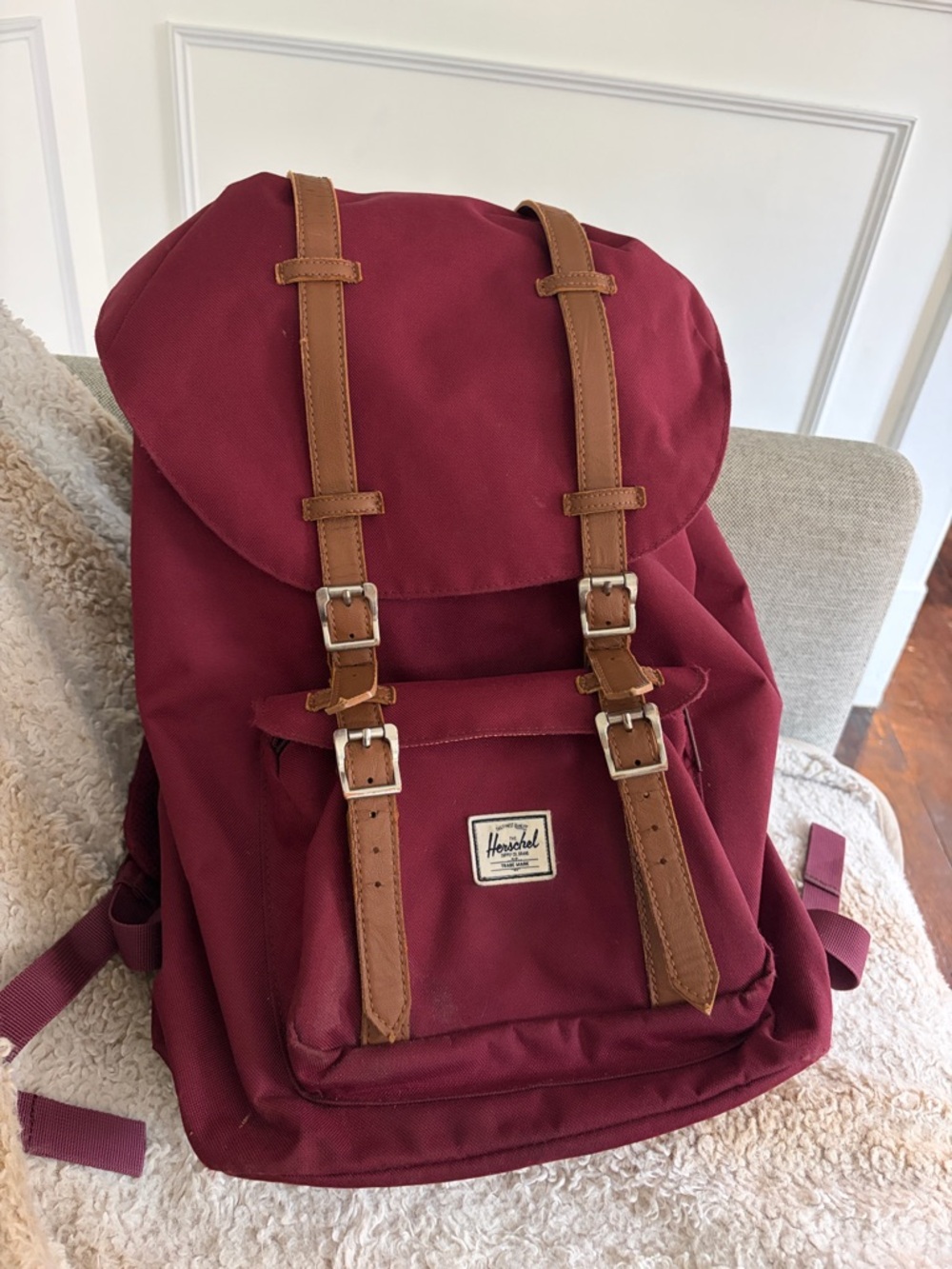 Herschel Supply Company Burgundy Canvas Backpack with Tan Straps
